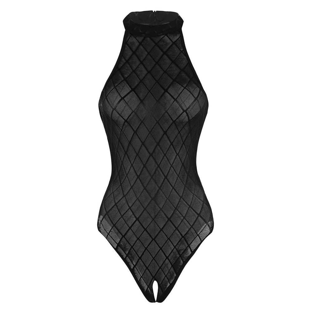 Crotchless See Through Mesh High Cut Open Crotch Bodysuit Micro Bikini