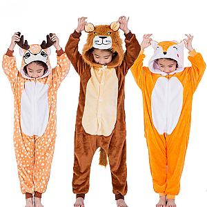 Kids Animal Onesies Lion Deer Fox Kugurumi Flannel Warm Soft Sleep Suit Boy Girl Festival Christmas Party Funny Cartoon Pajamas