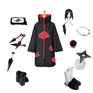 Brdwn Akatsuki Unisex Itachi Suit Cosplay Costume (Red Cloud Cloak+Headband+Shoes+Ring+Kunai+bag+shuriken+necklace)