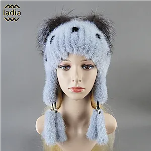 Winter Cap Women Warm Luxury Natural Mink Fur Hat With Ear Flaps