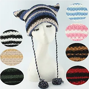 Japanese Y2K Cute Black White Striped Cat Ears Wool Hat