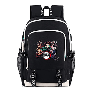 Demon Slayer Backpacks - Printed Schoolbag Laptop Rucksack with USB Charging Port &amp; Headphone Port Black