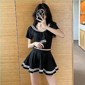 Personality Preppy Style Women's Split Swimsuit Sailor Suit Anime Cosplay Hottie Lolita Cute Playful Black Casual Swimwear