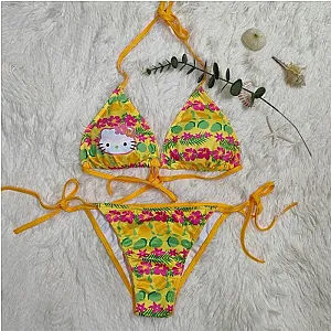 Sanrio Hello Kitty Bikini Sets Sling Bra Sexy Brief Two Piece Set Women Tropical Hawaii Style Trendy Swim Suit Underwear Panties