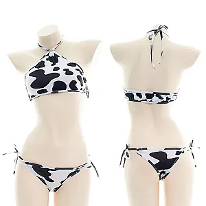 Anime Girl Bikini Pet Cow Swimsuit Costume Pool Party Cute Chiffon Ruffle Swimwear Pajamas Uniform Cosplay Set