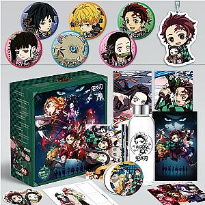 Anime Demon Slayer Kimetsu No Yaiba Gift Box Toys Keychain Badge Pins Postcard Water Cup Bookmark Mirror Poster Fridge Stickers