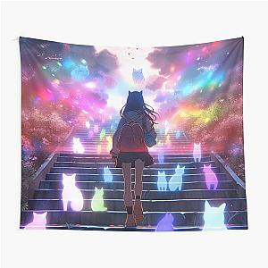 Mystical Stairway Glowing Neon Cats Anime Girl Tapestry