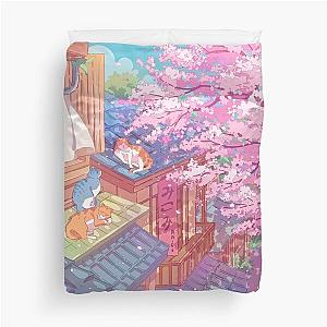 Cute Cat Rooftops Pink Cherry Blossom Duvet Cover