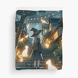 Mystical Night Stairs Witch and Her Ethereal Cats Duvet Cover