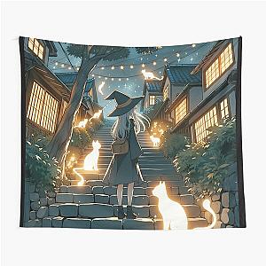 Mystical Night Stairs: The Witch & Her Ethereal Cats Tapestry