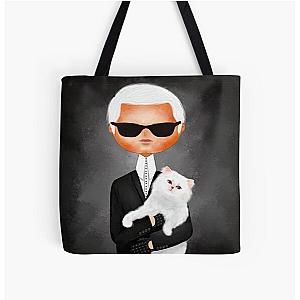 Karl Lagerfeld with cat fashion illustration All Over Print Tote Bag