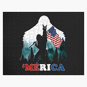 Merica Bigfoot Holding American Flag 4th of July Jigsaw Puzzle