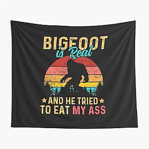 Bigfoot Is Real He Tried To Eat My Ass Retro Vintage Sunset Bigfoot Design Tapestry