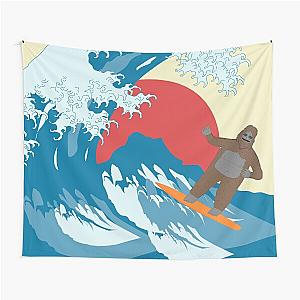 Big lez show surfing on great wave, sunny day beach, druggo, funny cute show, funny bigfoot, wave off Kanagawa, Tapestry