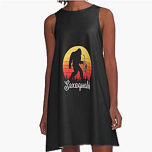 Funny Retro Bigfoot Playing Saxophone Bigfoot Silhouette Long Sleeve A-Line Dress