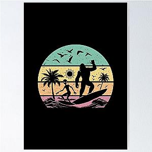 Bigfoot and Alien Surfers Tropical Palm Tree Beach Vintage Surfing Poster