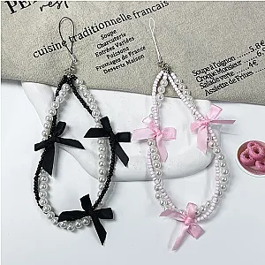 Blackpink Keychains – Pink Black Bow Beaded Phone Chain Hanging Rope Keychain