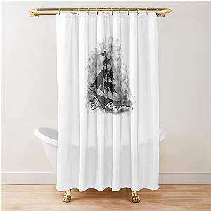 a ship with black sails floats on the waves Shower Curtain