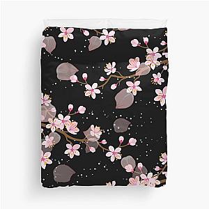 White and Pink Japanese Cherry Blossom Floral Seamless Repetition pattern on Black  Duvet Cover