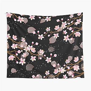 White and Pink Japanese Cherry Blossom Floral Seamless Repetition pattern on Black  Tapestry