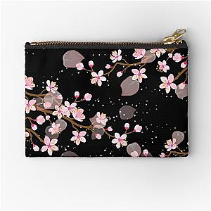 White and Pink Japanese Cherry Blossom Floral Seamless Repetition pattern on Black  Zipper Pouch