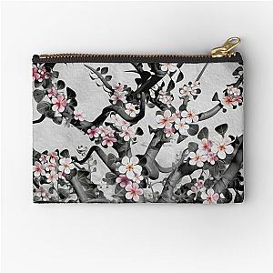 Cherry tree blossoms in black, white  and pink Zipper Pouch