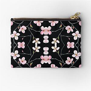 Delicate Cherry Blossoms on Black Satin Zipper Pouch