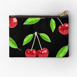 Cherry with leaves - pattern on black Zipper Pouch