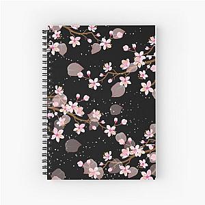 White and Pink Japanese Cherry Blossom Floral Seamless Repetition pattern on Black  Spiral Notebook