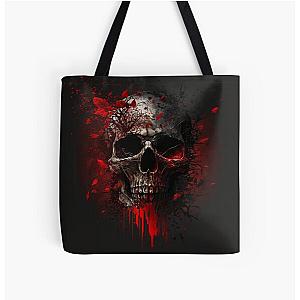 Macabre Skull Splendor, Bloodstained Skull Elegance All Over Print Tote Bag