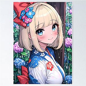 Shiemi Moriyama Blue Exorcist Anime Girl Yukata Flowers Summer Rain Smile Poster