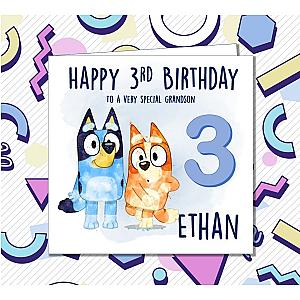 Personalized Bluey Bingo Blue and Orange Dog Happy Birthday Card ES1302