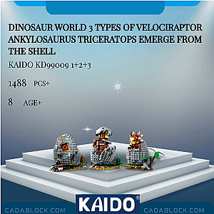 KAIDO KD99009 1+2+3 Dinosaur World 3 Types of Velociraptor Ankylosaurus Triceratops Emerge From The Shell Creator Expert