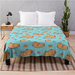 Capybara pattern swimming with oranges Throw Blanket