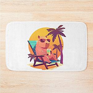 Chill Capybara Lounging with Drink on Sunny Beach Bath Mat