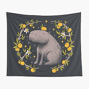 Capybara Cottagecore Aesthetic Chilling With Orange on Head - Goblincore Capy Yuzu Citrus Fruit Blossom Flowers Meditating - Dreamcore Fairytale Mycology Fungi Shrooms Forager Foraging Pet Mat Bandana Tapestry