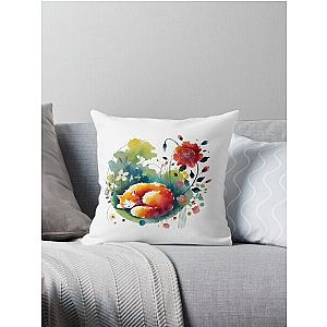 Serene Catnap in Vibrant Garden - Minimalist Watercolor Art Throw Pillow