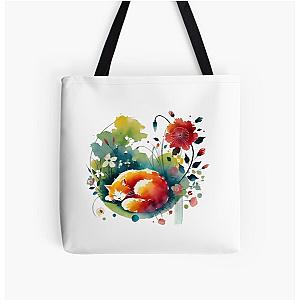 Serene Catnap in Vibrant Garden - Minimalist Watercolor Art All Over Print Tote Bag