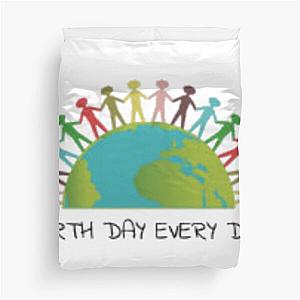 Earth Day Every Day Half Globe with Stick People on White Background Duvet Cover