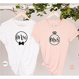 Mr And Mrs T-Shirt | Matching Couple Shirts | Just Married T-Shirt | Wife And Hubs T-Shirt | Ring &amp; Tie T-Shirt