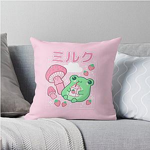 Cyberpunk Pillows - Cute Cottagecore Frog Strawberry Retro 90s Kawaii Aesthetic Y2K - Japanese Pink Fungi Mushrooms - Happy Bubble Milk Froggy - Cyberpunk Wierdcore Pinkish Frogge - Little Things for Teenagers Throw Pillow RB1110