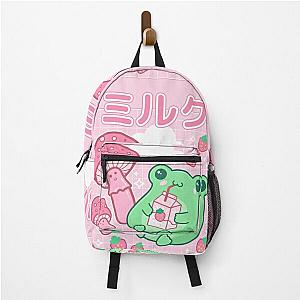 Cyberpunk Backpacks - Cute Cottagecore Frog Strawberry Retro 90s Kawaii Aesthetic Y2K - Japanese Pink Fungi Mushrooms - Happy Bubble Milk Froggy - Cyberpunk Wierdcore Pinkish Frogge - Little Things for Teenagers Backpack RB1110