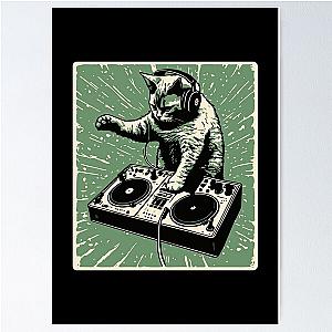 Cat DJ - Green Block Print - DJ Cat - Deadmau5 - Deadmouse Poster