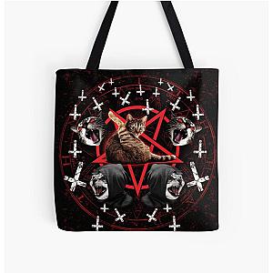 satanic cat pentagram death black metal band exorcist All Over Print Tote Bag