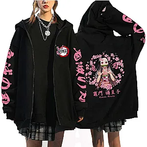 Demon Slayer Kamado Nezuko Print Zip Up Jacket Hip Hop Streetwear