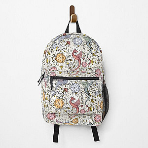 VINTAGE MEDIEVAL DRAGON AND D20 DICE, Dnd pattern, floral, blue, yellow, pink Backpack RB1210