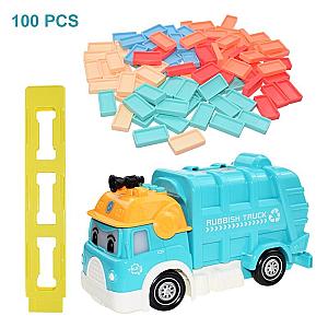 Blue Rubbish Truck Domino Train Set Sound Light With 100 Dominoes