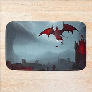 Red dragons flying over a medieval town bath mat