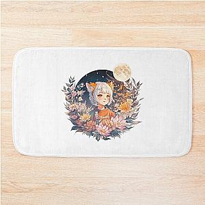 Lunar Whispers: Cute Anime Girl with White Hair and Orange Tiger Ears, Flora, Moon - Watercolor Art Bath Mat