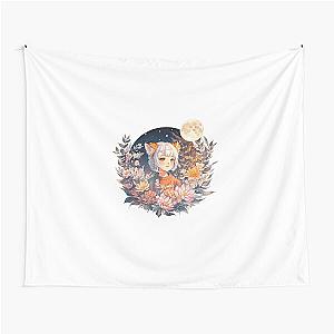 Lunar Whispers: Cute Anime Girl with White Hair, Orange Tiger Ears and Moon - Watercolor Art Tapestry